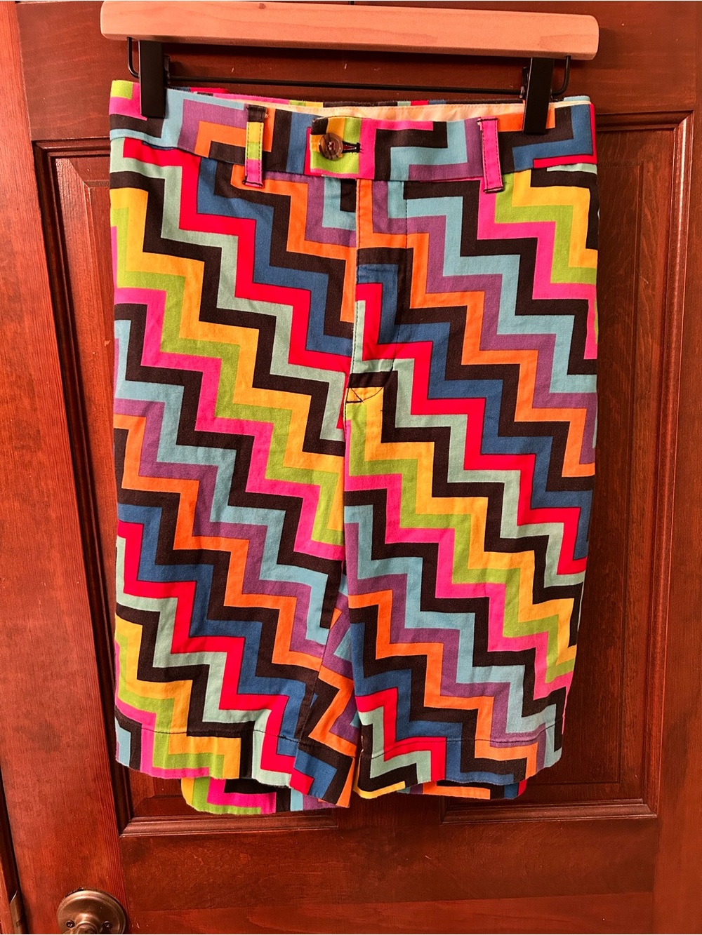 Loudmouth Multicolor Zigzag Golf Shorts — Bright Rainbow Pattern. No size tag.